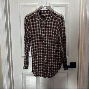 LOFT Burgundy and White Checkered Button Down Shirt